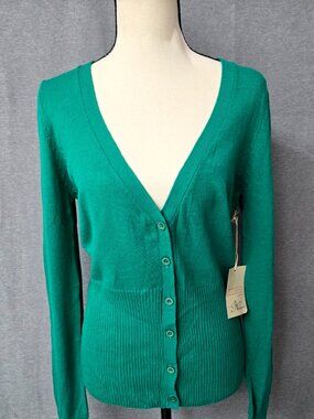 NWT Active Basic Green V Neck Cardigan Sweater L Ribbed Button Front Knit